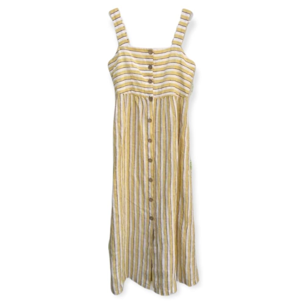 RACHEL ZOE Yellow Ivory Striped Linen Button Front Midi Dress Breezy Summer - Picture 2 of 14